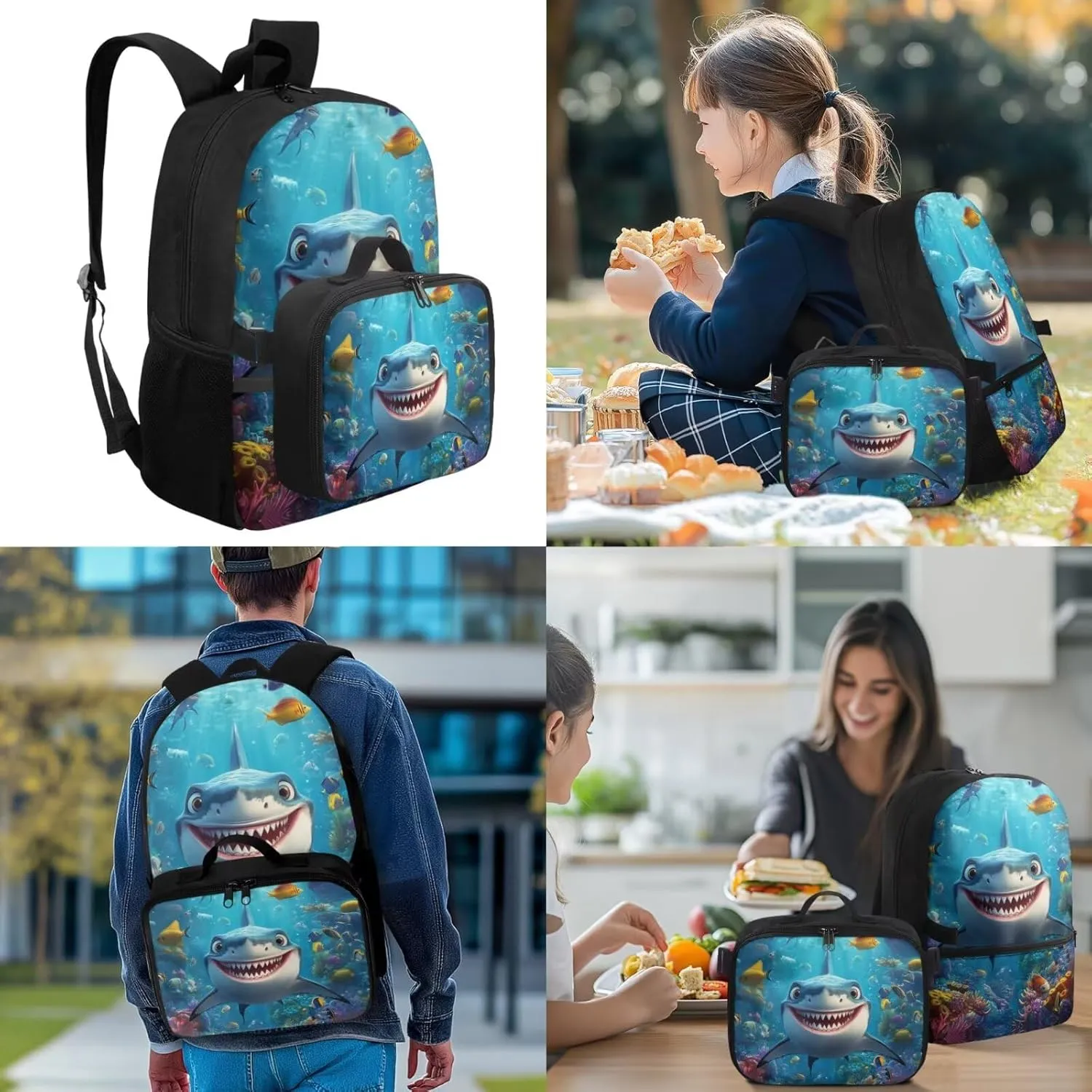 Shark Backpack and Lunch Box Set Boys Big Capacity 1st Grade Backpack Boys Breathable Kids School Bag for Elementary Children Casual Kids Bookbag Back to School Supplies