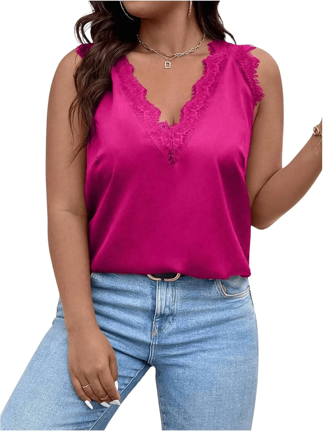 SHENHE Women's Plus Size Lace Trim V Neck Sleeveless Satin Loose Tank Elegant Top Shirt
