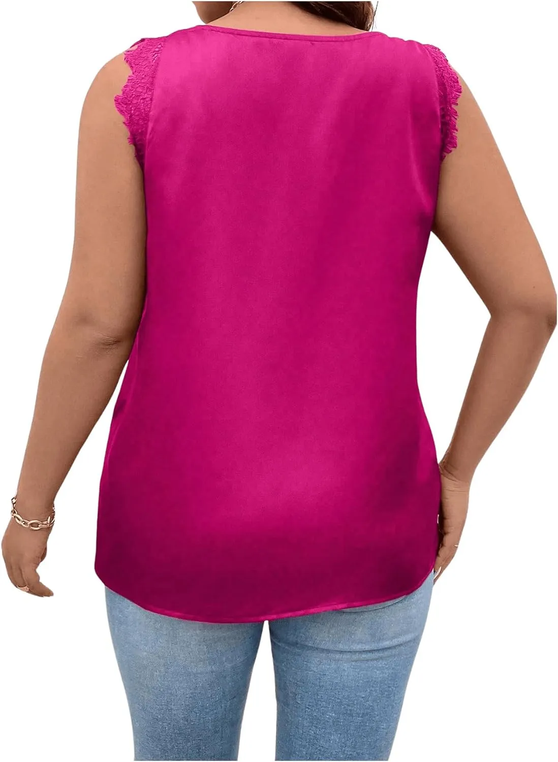 SHENHE Women's Plus Size Lace Trim V Neck Sleeveless Satin Loose Tank Elegant Top Shirt