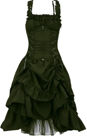 SHOPESSA Women's Gothic Dress Sleeveless Irregular Halloween Ruffle Steampunk Mini Dress Lace Up Masquerade Costume Dresses