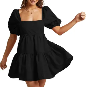 Shy Velvet Women's Casual Party Mini Summer Dresses Square Neck Short Bubble Sleeve Babydoll Dress
