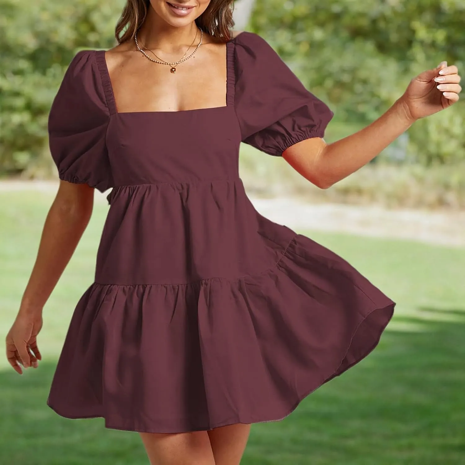 Shy Velvet Women's Casual Party Mini Summer Dresses Square Neck Short Bubble Sleeve Babydoll Dress