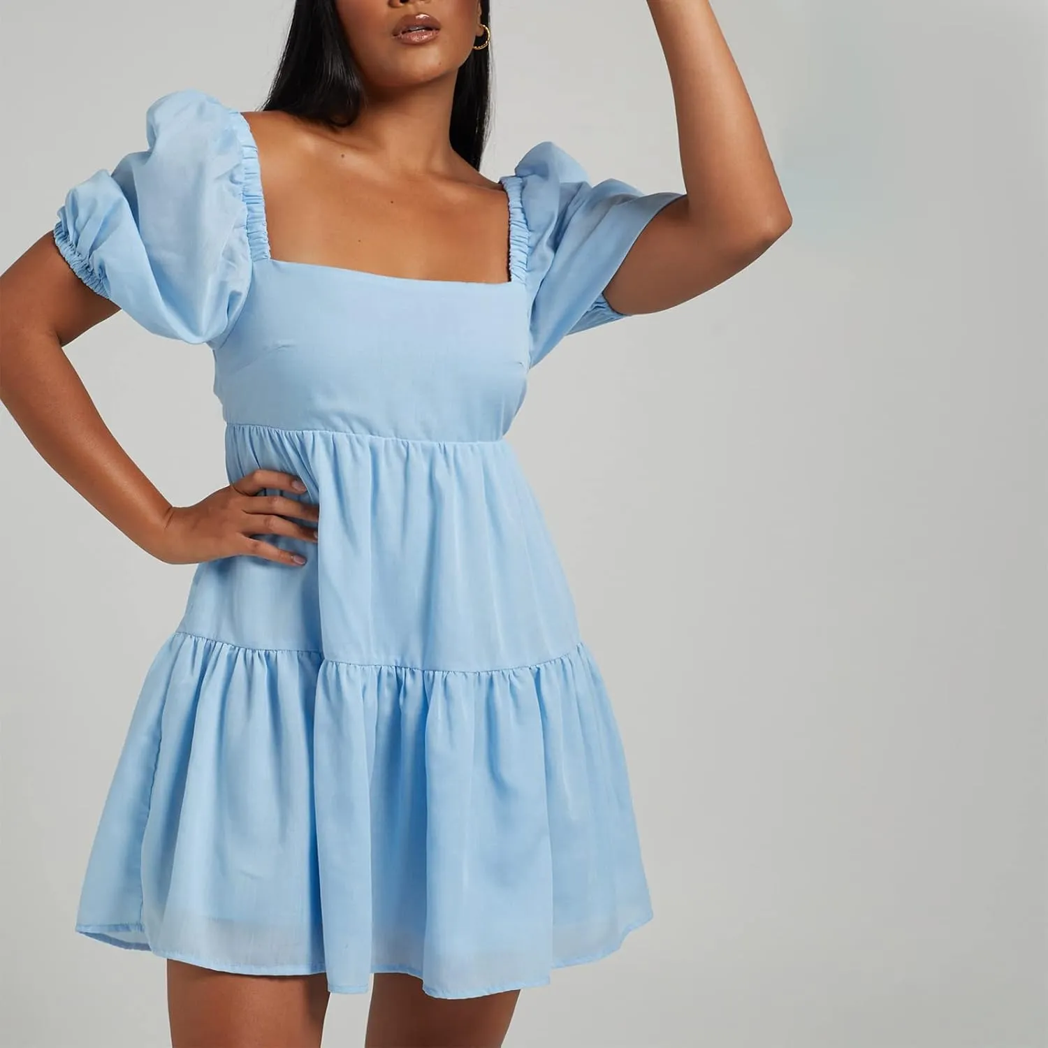 Shy Velvet Women's Casual Party Mini Summer Dresses Square Neck Short Bubble Sleeve Babydoll Dress