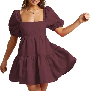 Shy Velvet Women's Casual Party Mini Summer Dresses Square Neck Short Bubble Sleeve Babydoll Dress