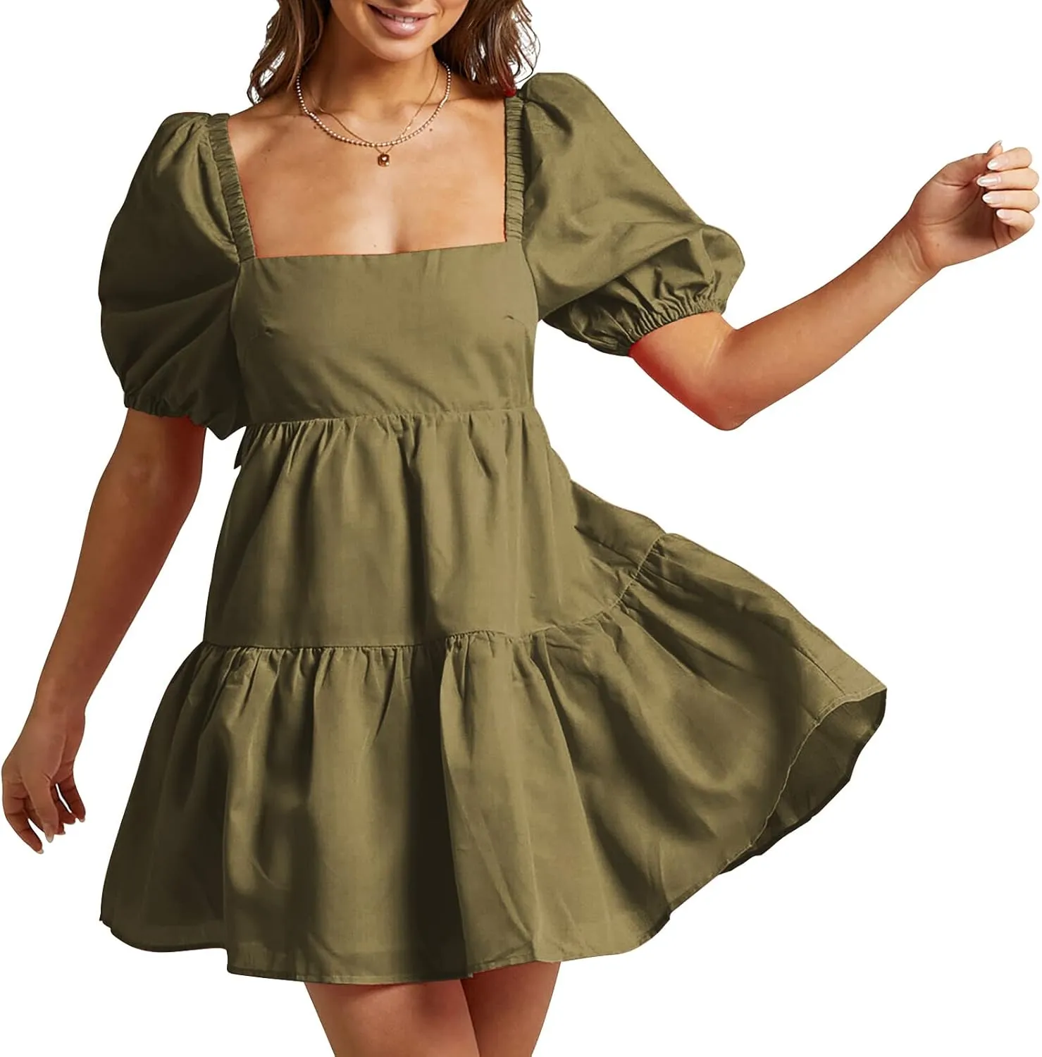 Shy Velvet Women's Casual Party Mini Summer Dresses Square Neck Short Bubble Sleeve Babydoll Dress