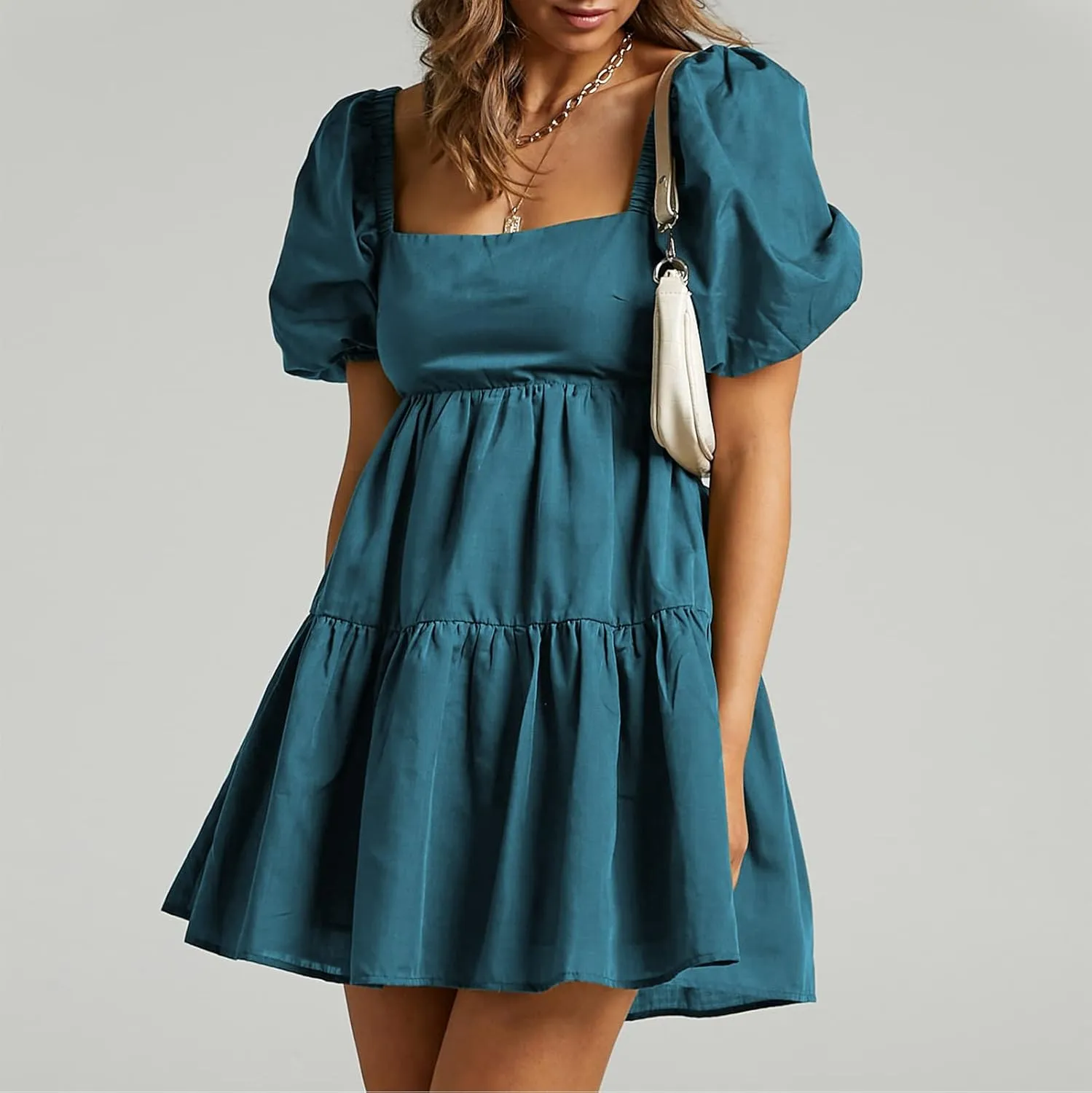 Shy Velvet Women's Casual Party Mini Summer Dresses Square Neck Short Bubble Sleeve Babydoll Dress