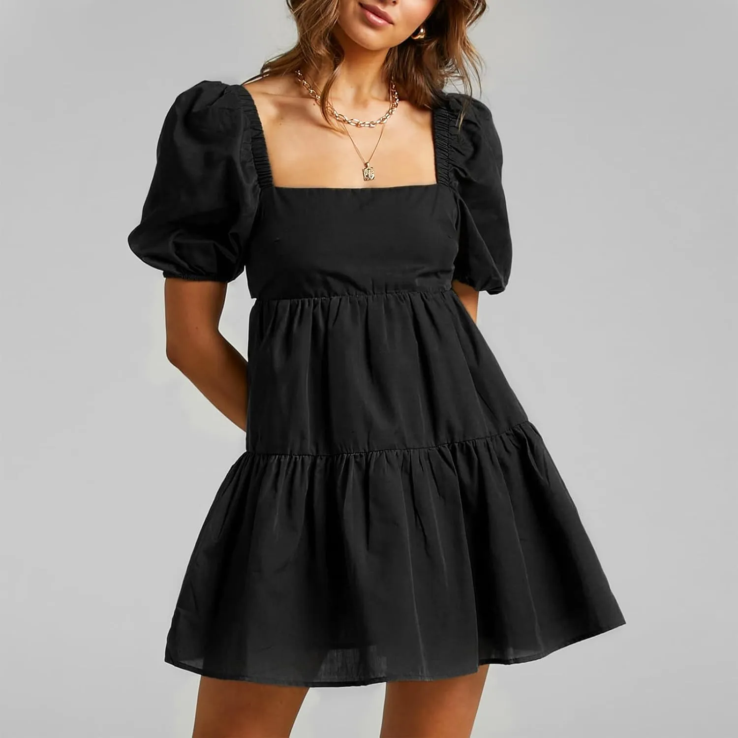 Shy Velvet Women's Casual Party Mini Summer Dresses Square Neck Short Bubble Sleeve Babydoll Dress