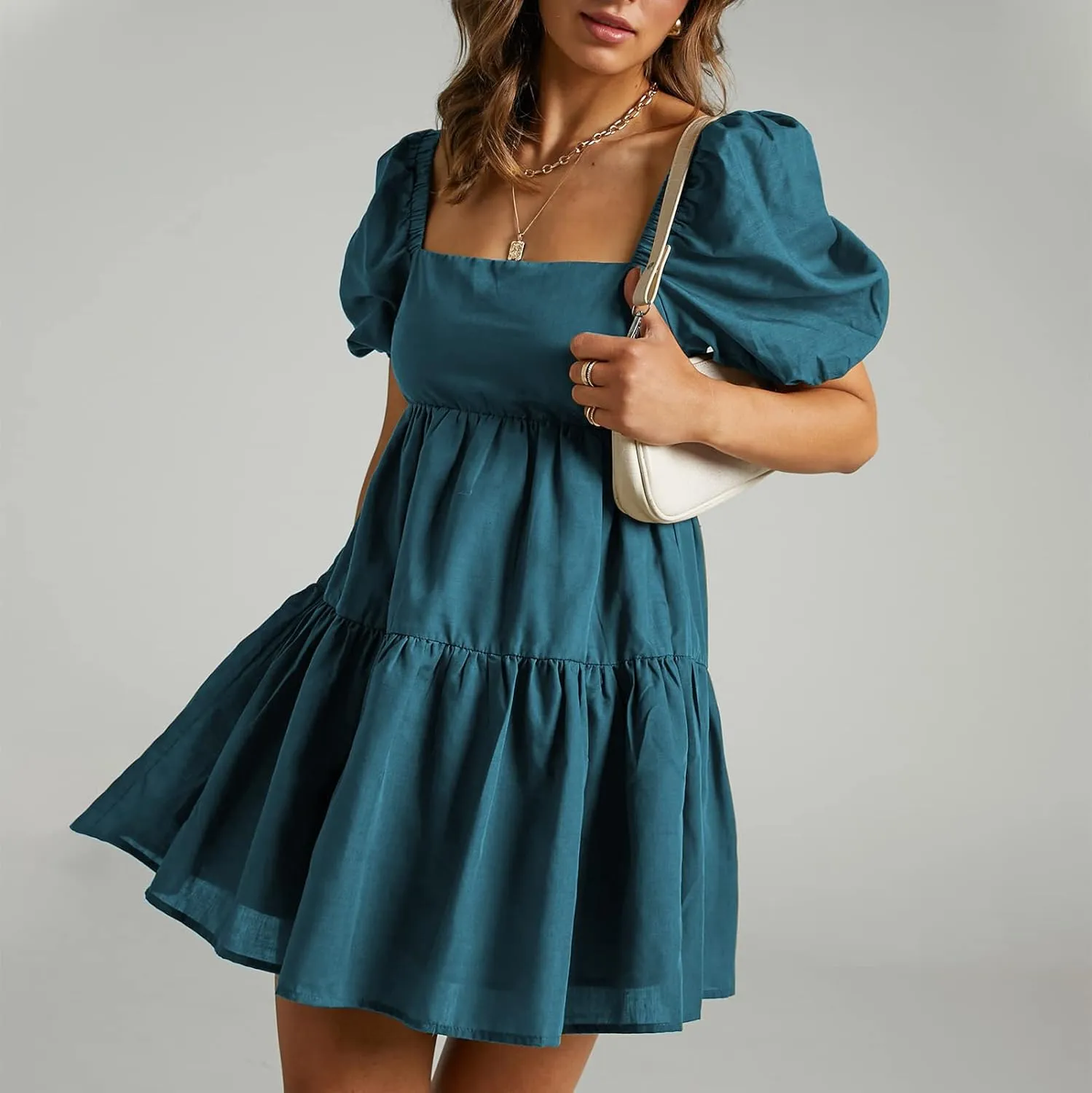 Shy Velvet Women's Casual Party Mini Summer Dresses Square Neck Short Bubble Sleeve Babydoll Dress