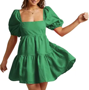 Shy Velvet Women's Casual Party Mini Summer Dresses Square Neck Short Bubble Sleeve Babydoll Dress