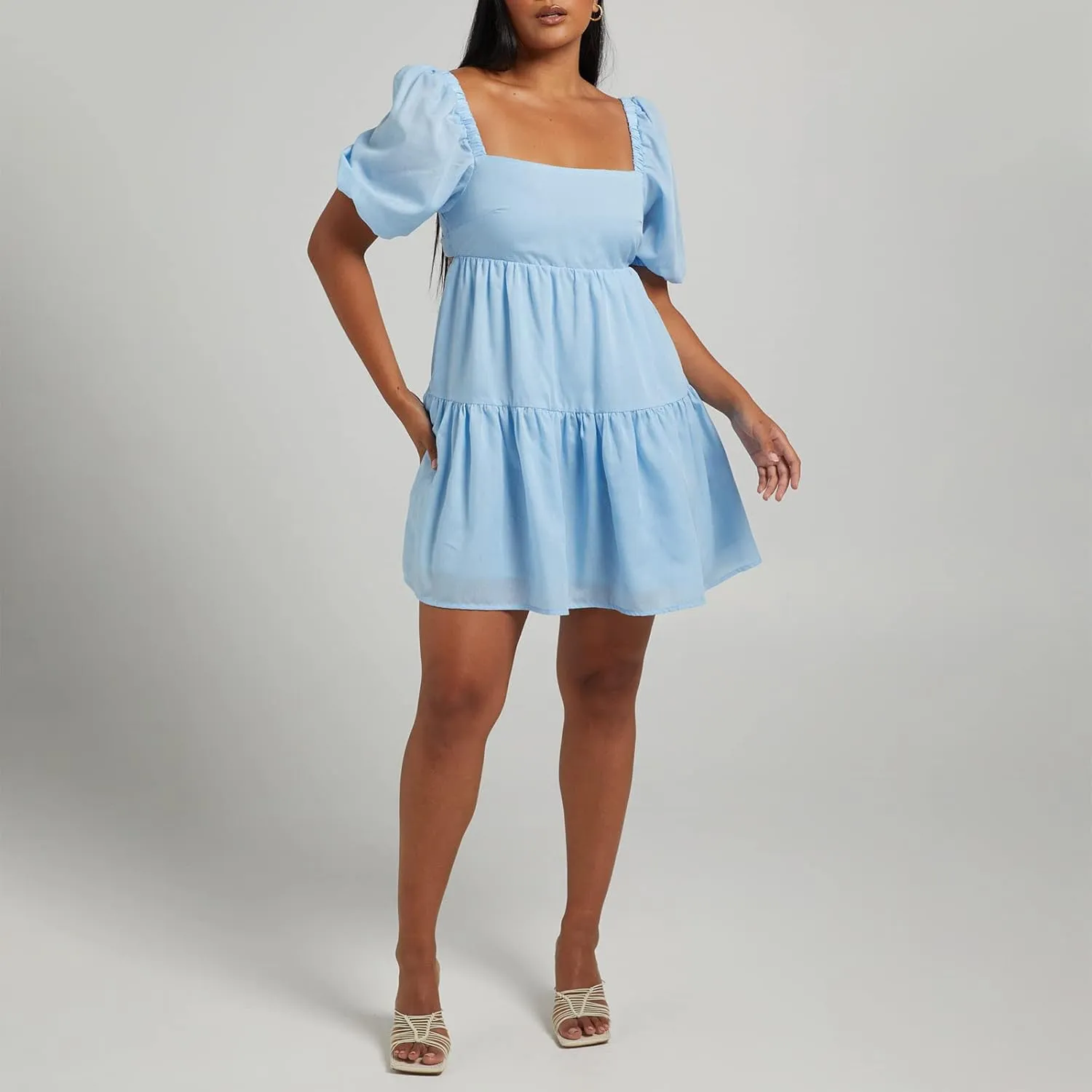 Shy Velvet Women's Casual Party Mini Summer Dresses Square Neck Short Bubble Sleeve Babydoll Dress