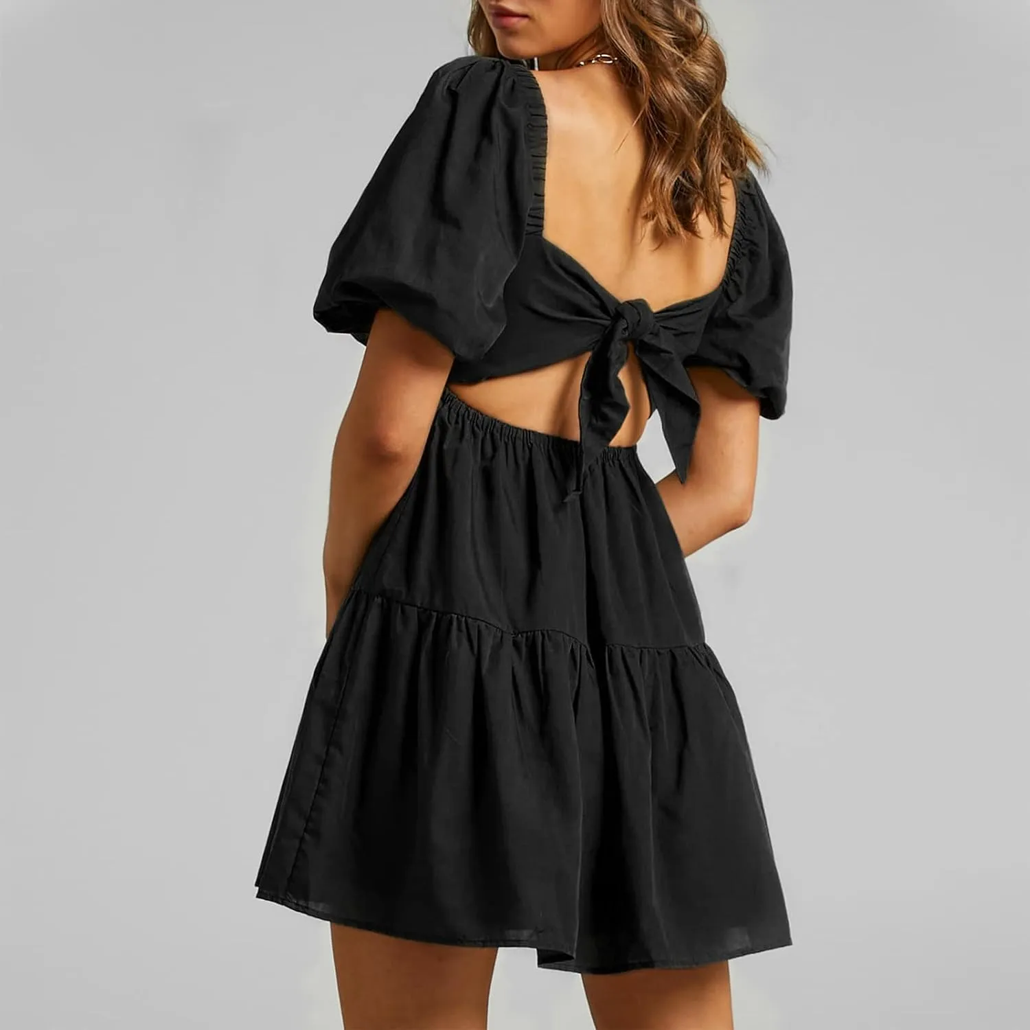 Shy Velvet Women's Casual Party Mini Summer Dresses Square Neck Short Bubble Sleeve Babydoll Dress