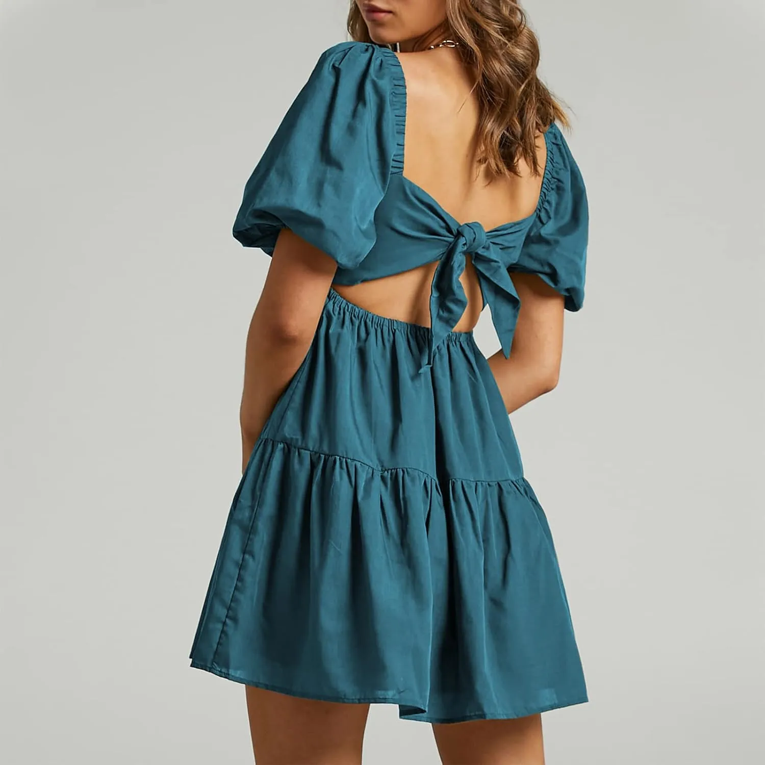 Shy Velvet Women's Casual Party Mini Summer Dresses Square Neck Short Bubble Sleeve Babydoll Dress