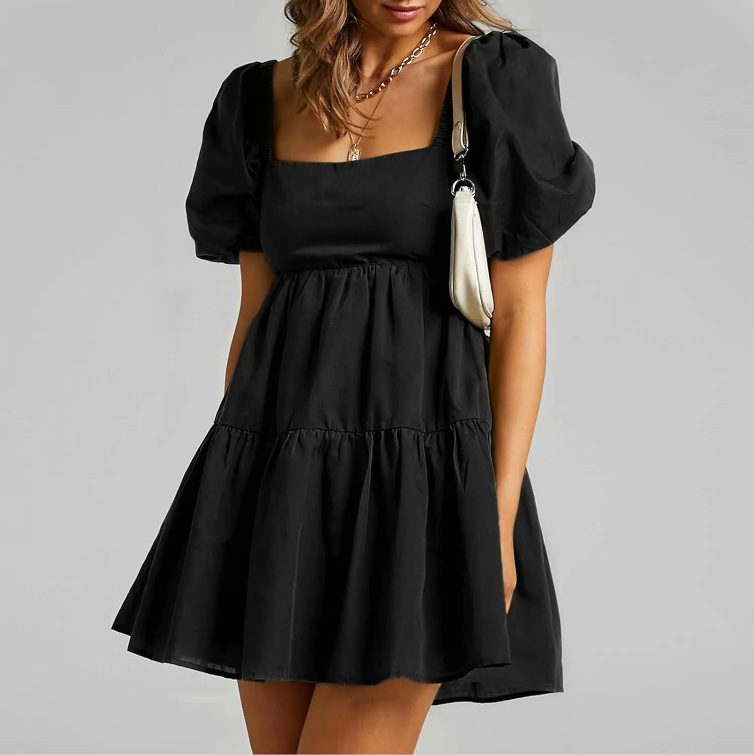 Shy Velvet Women's Casual Party Mini Summer Dresses Square Neck Short Bubble Sleeve Babydoll Dress