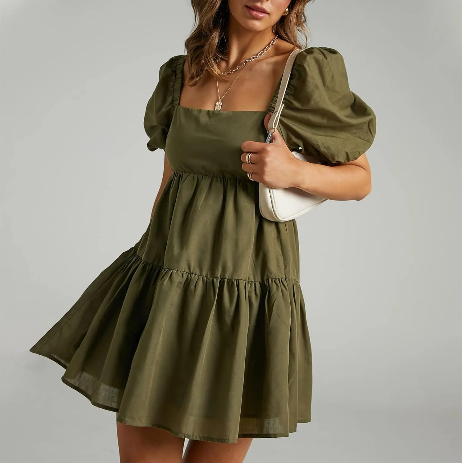 Shy Velvet Women's Casual Party Mini Summer Dresses Square Neck Short Bubble Sleeve Babydoll Dress