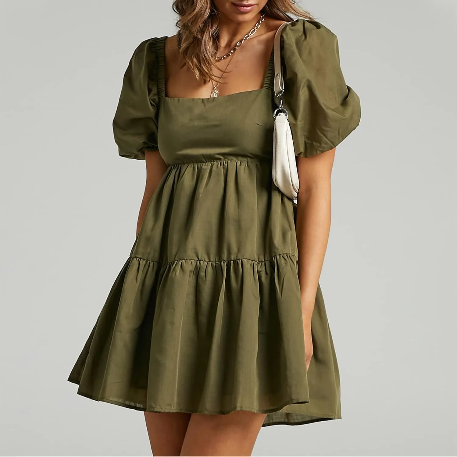 Shy Velvet Women's Casual Party Mini Summer Dresses Square Neck Short Bubble Sleeve Babydoll Dress
