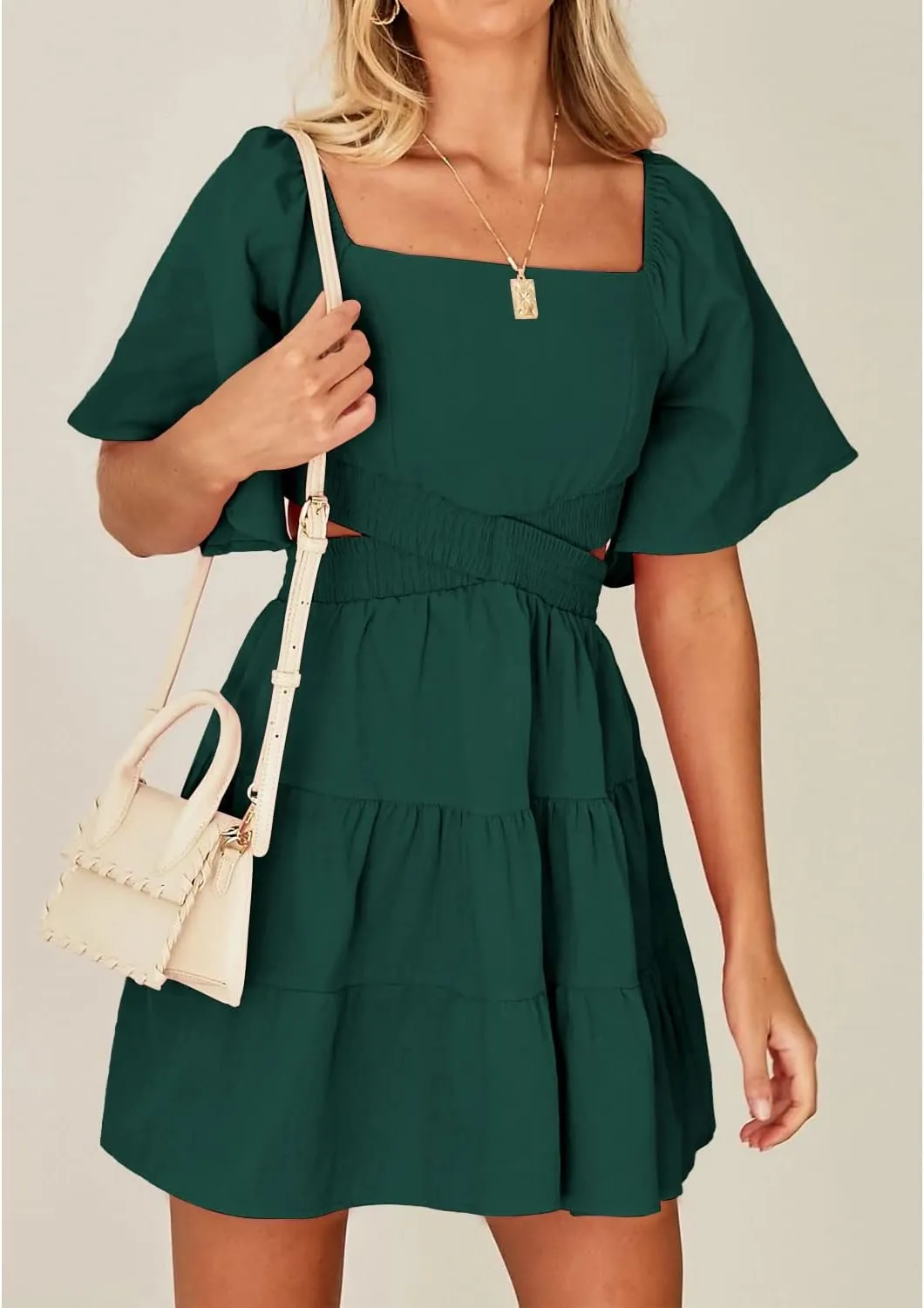 Shy Velvet Women's Summer Dress Square Neck Short Sleeves Crossover Waist Casual Party Mini Dress