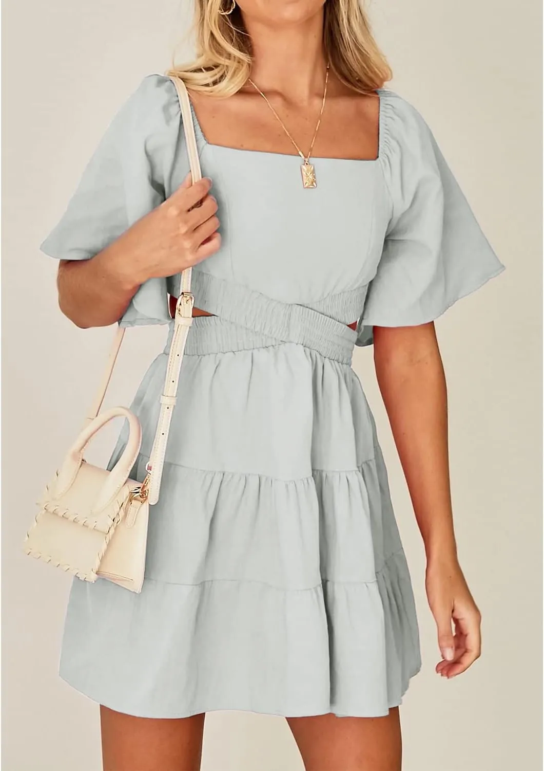 Shy Velvet Women's Summer Dress Square Neck Short Sleeves Crossover Waist Casual Party Mini Dress