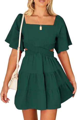 Shy Velvet Women's Summer Dress Square Neck Short Sleeves Crossover Waist Casual Party Mini Dress