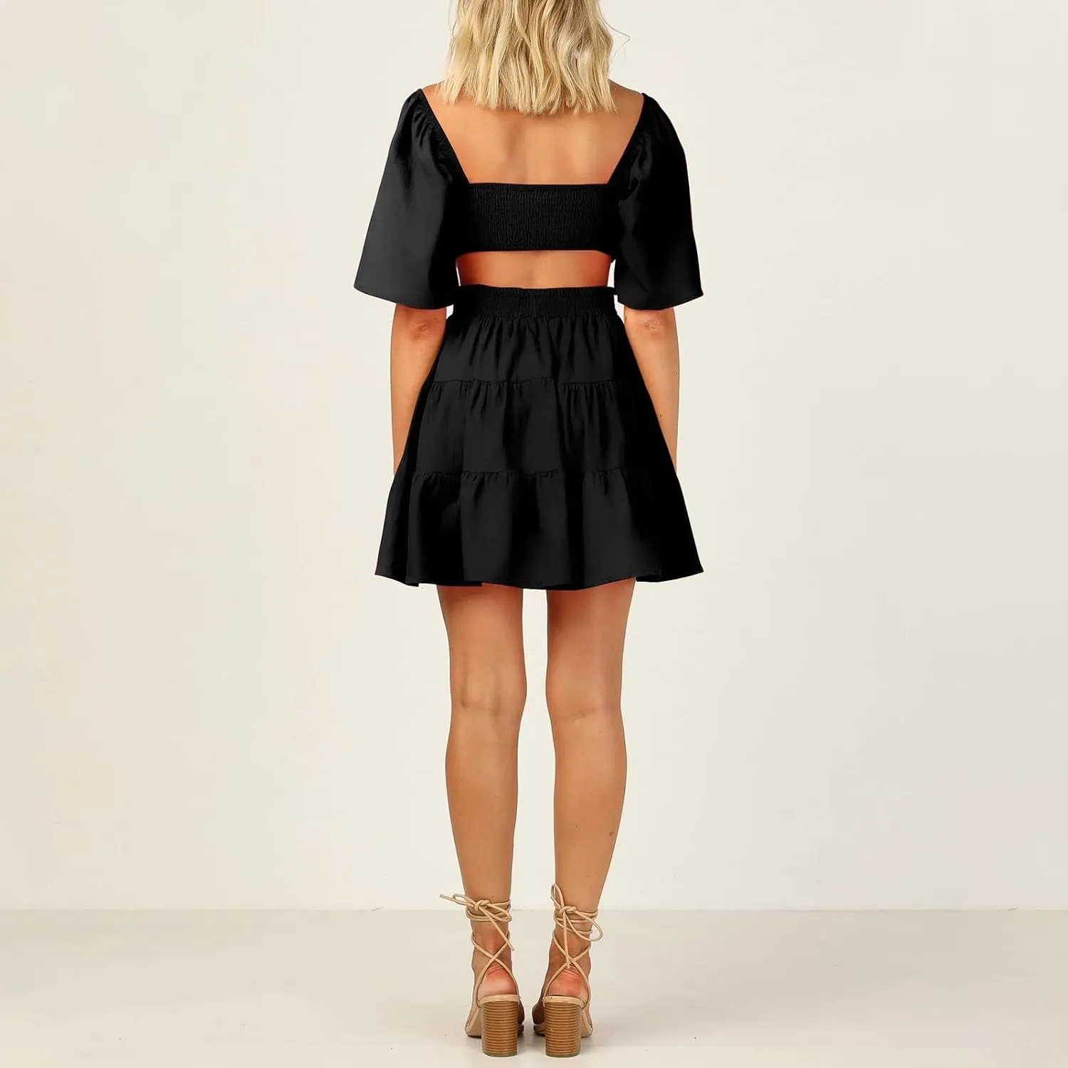 Shy Velvet Women's Summer Dress Square Neck Short Sleeves Crossover Waist Casual Party Mini Dress