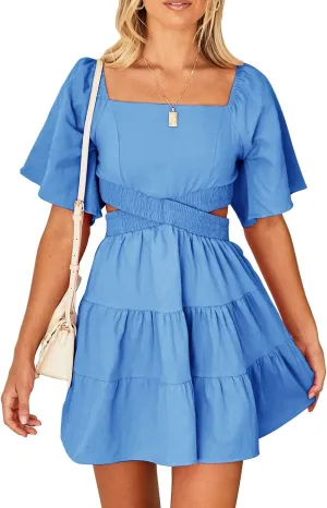 Shy Velvet Women's Summer Dress Square Neck Short Sleeves Crossover Waist Casual Party Mini Dress