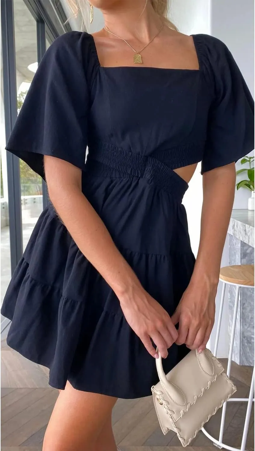 Shy Velvet Women's Summer Dress Square Neck Short Sleeves Crossover Waist Casual Party Mini Dress