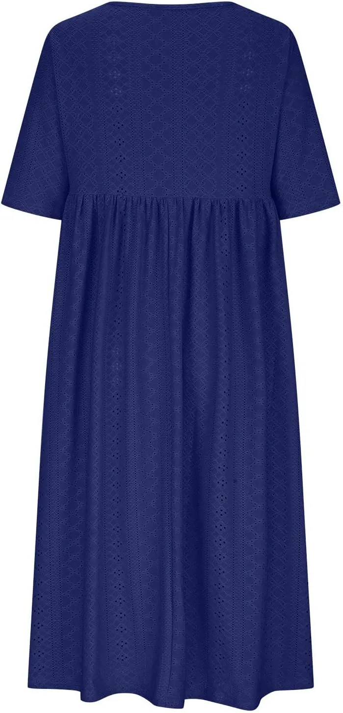 Sinzelimin Women Midi Dress Fashion Hollow Breathable Short Sleeves O-Neck Eyelet Mid-Calf Dress Summer Beach Casual Sundress