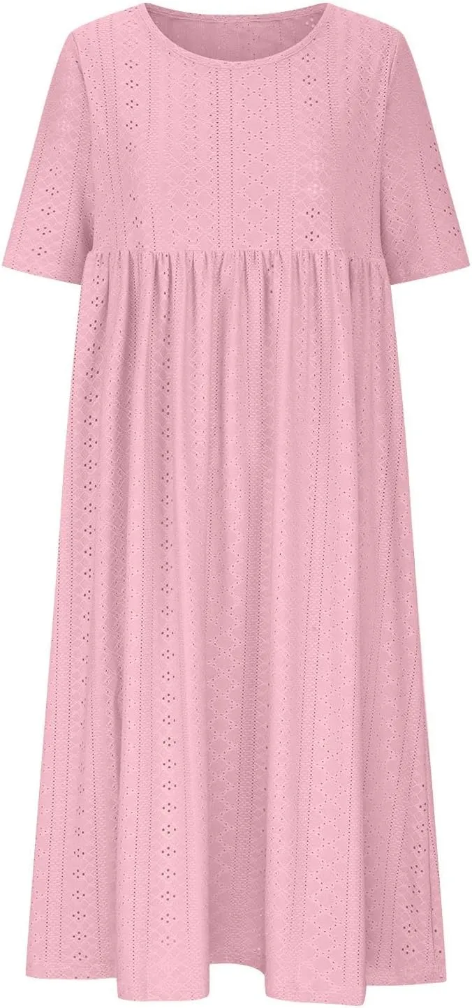 Sinzelimin Women Midi Dress Fashion Hollow Breathable Short Sleeves O-Neck Eyelet Mid-Calf Dress Summer Beach Casual Sundress