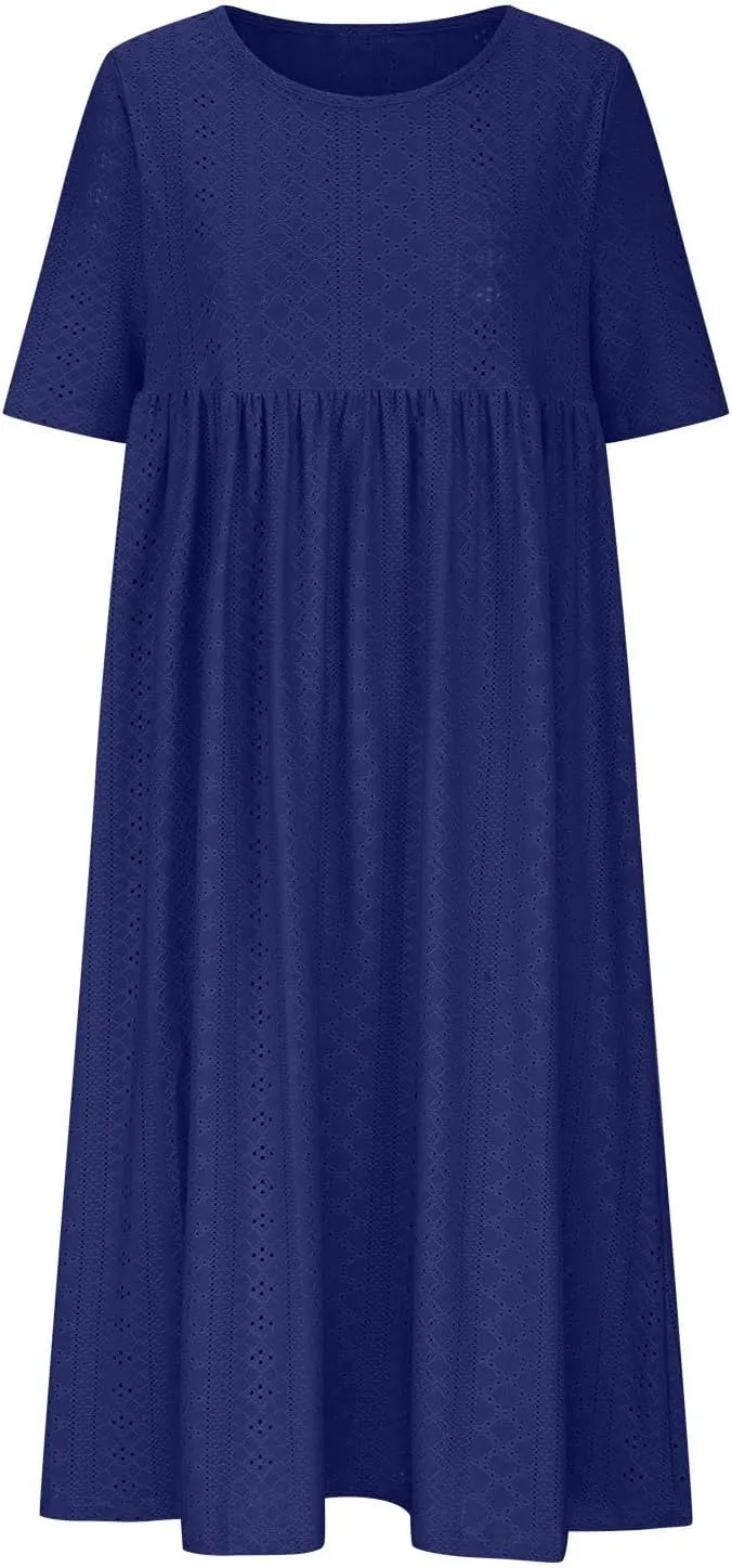 Sinzelimin Women Midi Dress Fashion Hollow Breathable Short Sleeves O-Neck Eyelet Mid-Calf Dress Summer Beach Casual Sundress