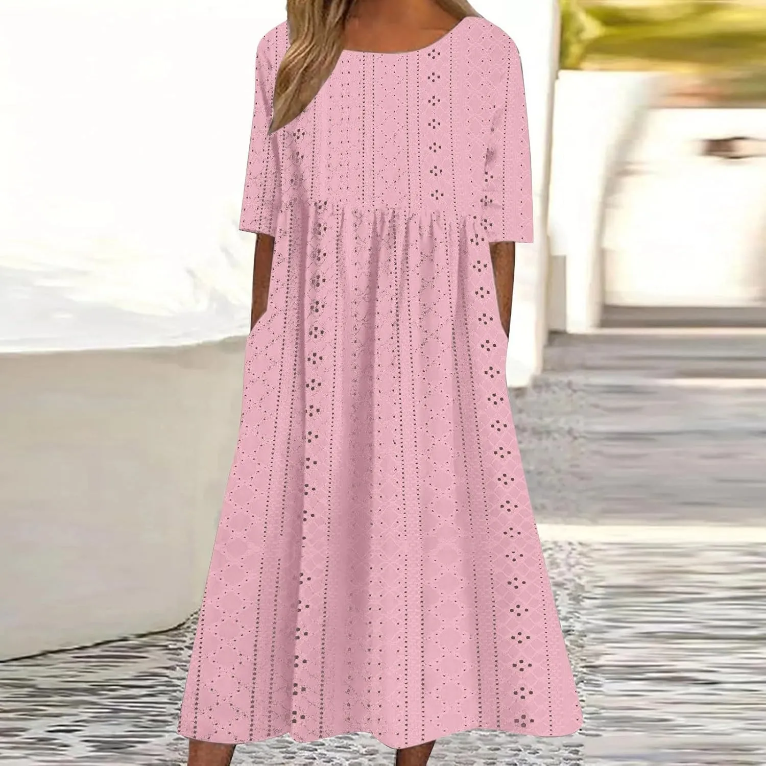 Sinzelimin Women Midi Dress Fashion Hollow Breathable Short Sleeves O-Neck Eyelet Mid-Calf Dress Summer Beach Casual Sundress