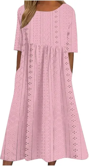 Sinzelimin Women Midi Dress Fashion Hollow Breathable Short Sleeves O-Neck Eyelet Mid-Calf Dress Summer Beach Casual Sundress