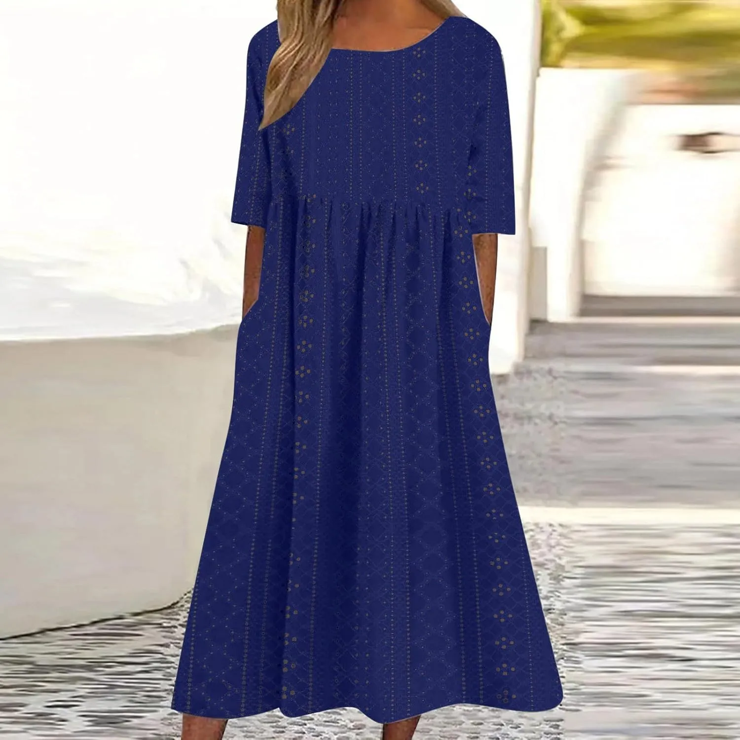 Sinzelimin Women Midi Dress Fashion Hollow Breathable Short Sleeves O-Neck Eyelet Mid-Calf Dress Summer Beach Casual Sundress