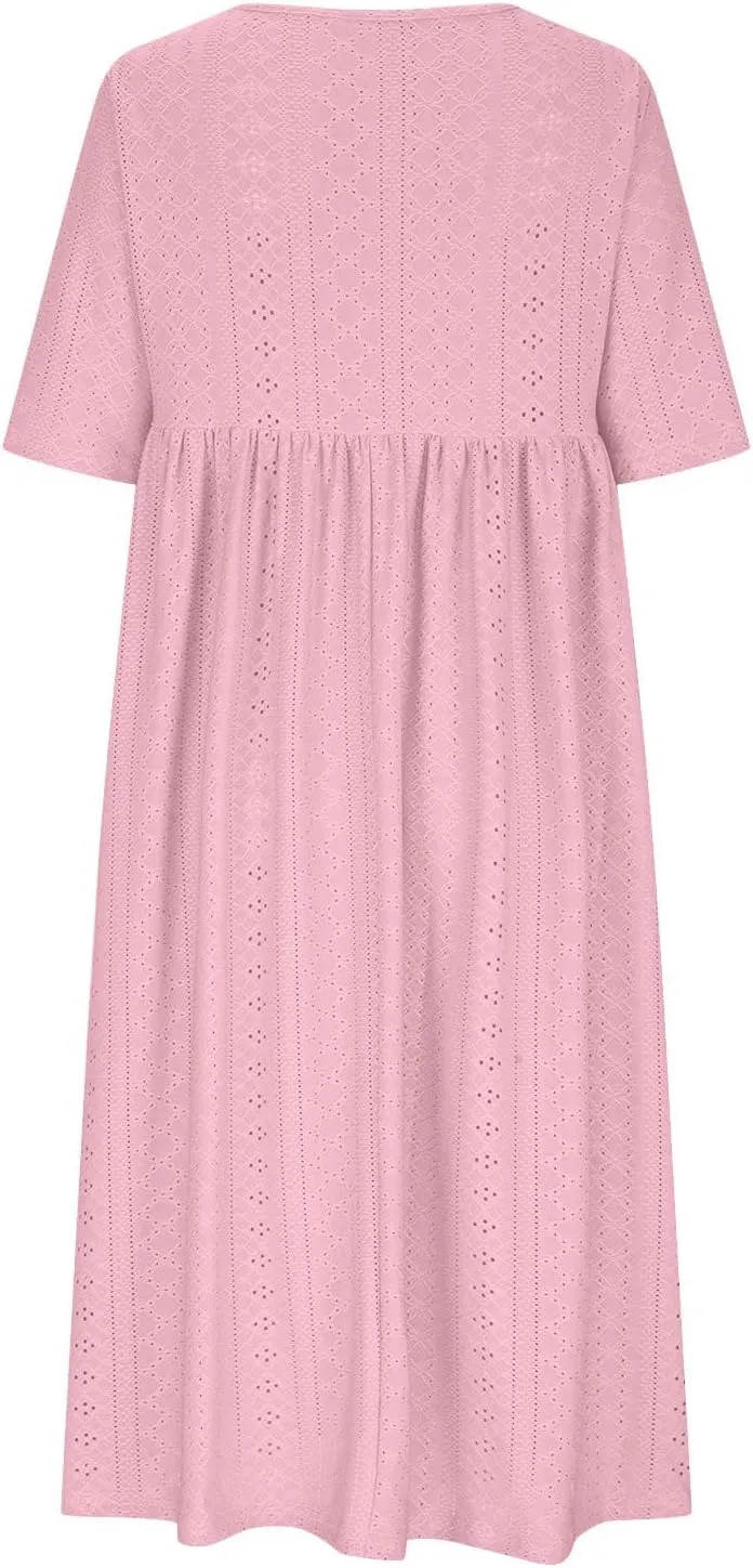 Sinzelimin Women Midi Dress Fashion Hollow Breathable Short Sleeves O-Neck Eyelet Mid-Calf Dress Summer Beach Casual Sundress