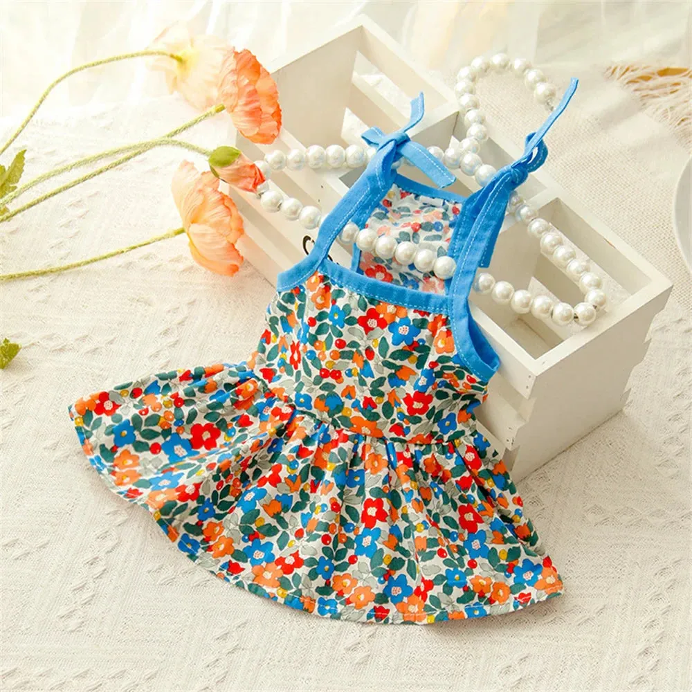Sphynx Cat Summer Dress - Cotton Suspender Skirt with Floral Pattern