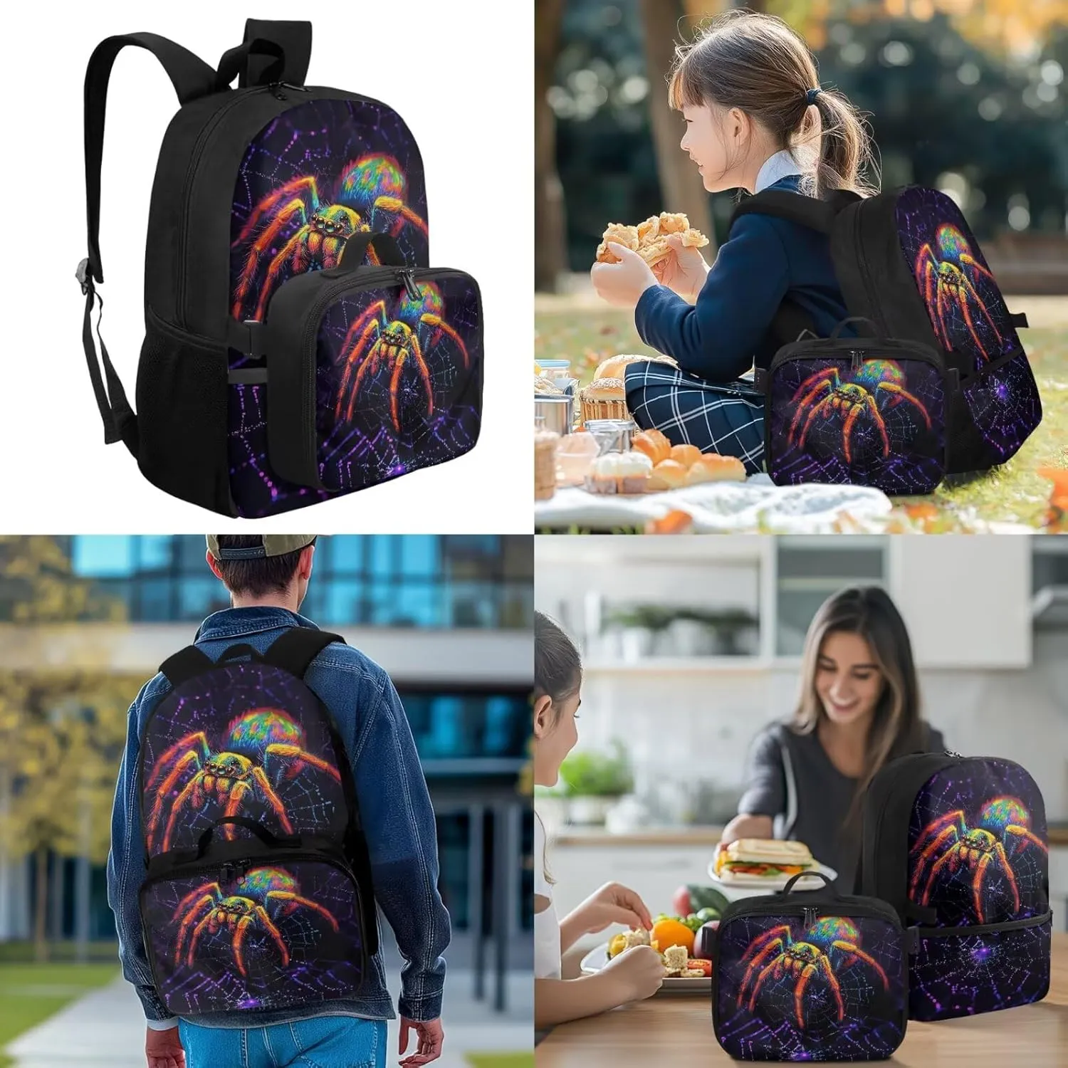 Spider Backpack with Lunch Box Boys Breathable School Backpack for Boys 8-12 Set of 4 Pcs Kids Schoolbag for Elementary Children Casual Kids Bookbag School Supplies