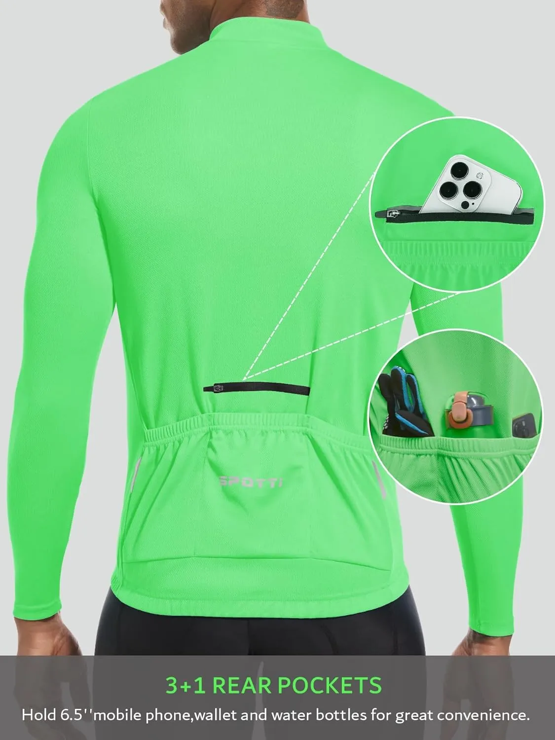 Spotti Men's Cycling Bike Jersey Long Sleeve with 3 Rear Pockets - Moisture Wicking, Breathable, Quick Dry Biking Shirt