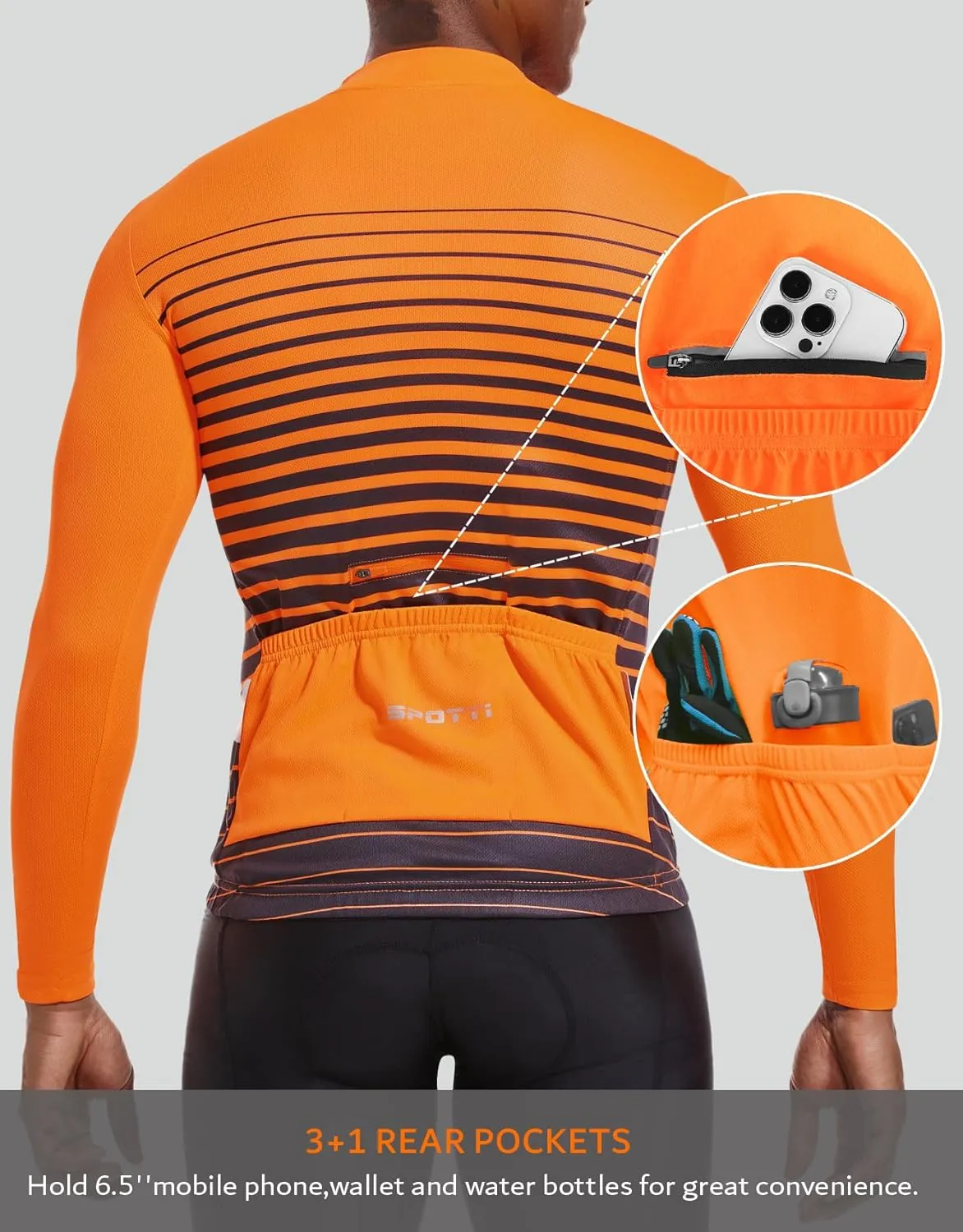Spotti Men's Cycling Bike Jersey Long Sleeve with 3 Rear Pockets - Moisture Wicking, Breathable, Quick Dry Biking Shirt