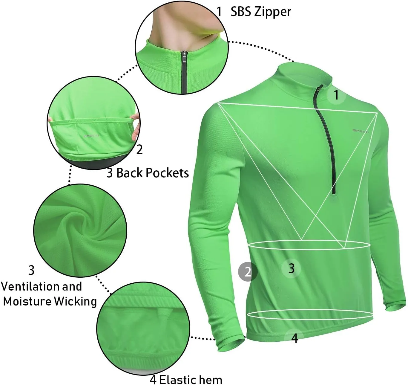 Spotti Men's Cycling Bike Jersey Long Sleeve with 3 Rear Pockets - Moisture Wicking, Breathable, Quick Dry Biking Shirt