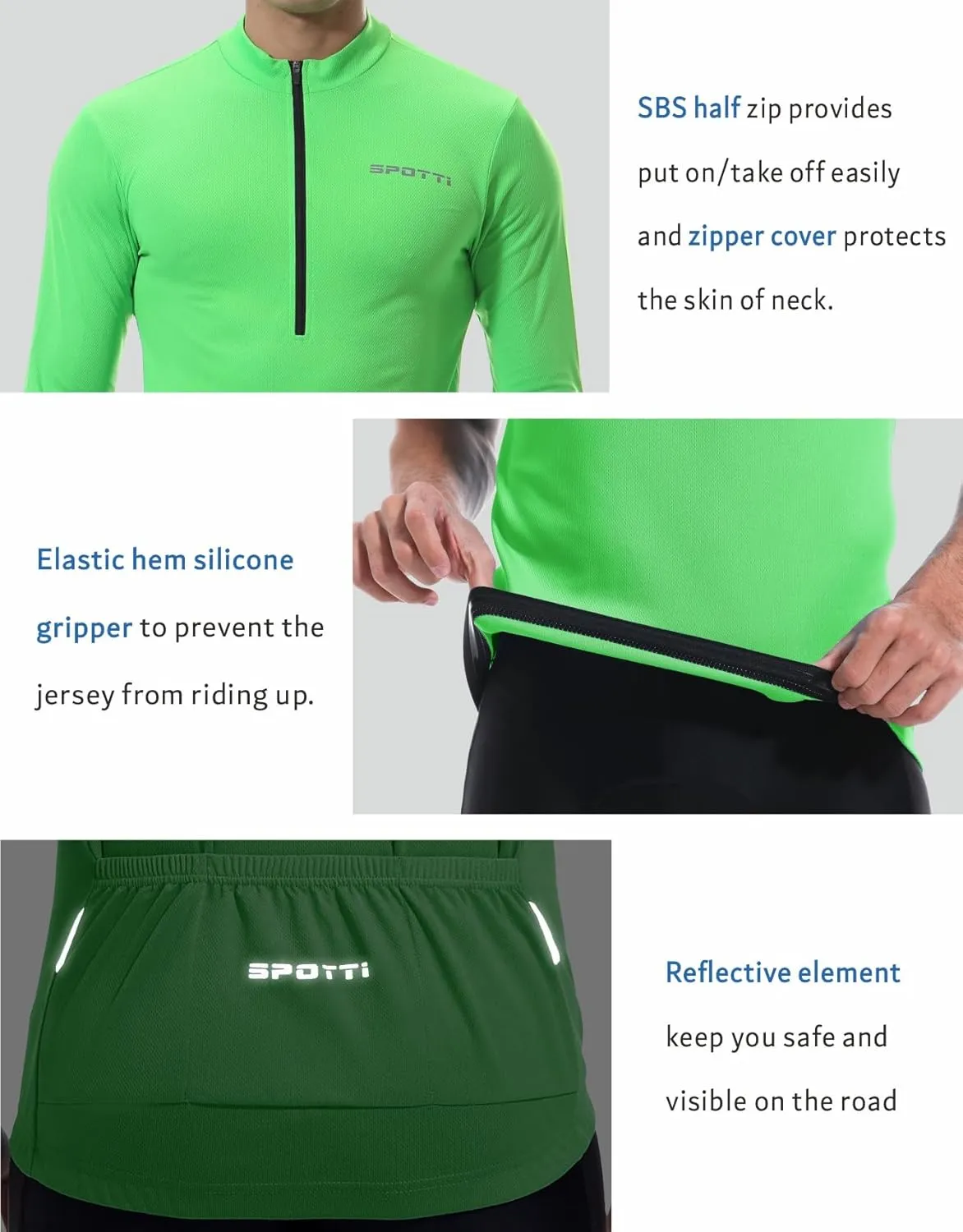 Spotti Men's Cycling Bike Jersey Long Sleeve with 3 Rear Pockets - Moisture Wicking, Breathable, Quick Dry Biking Shirt