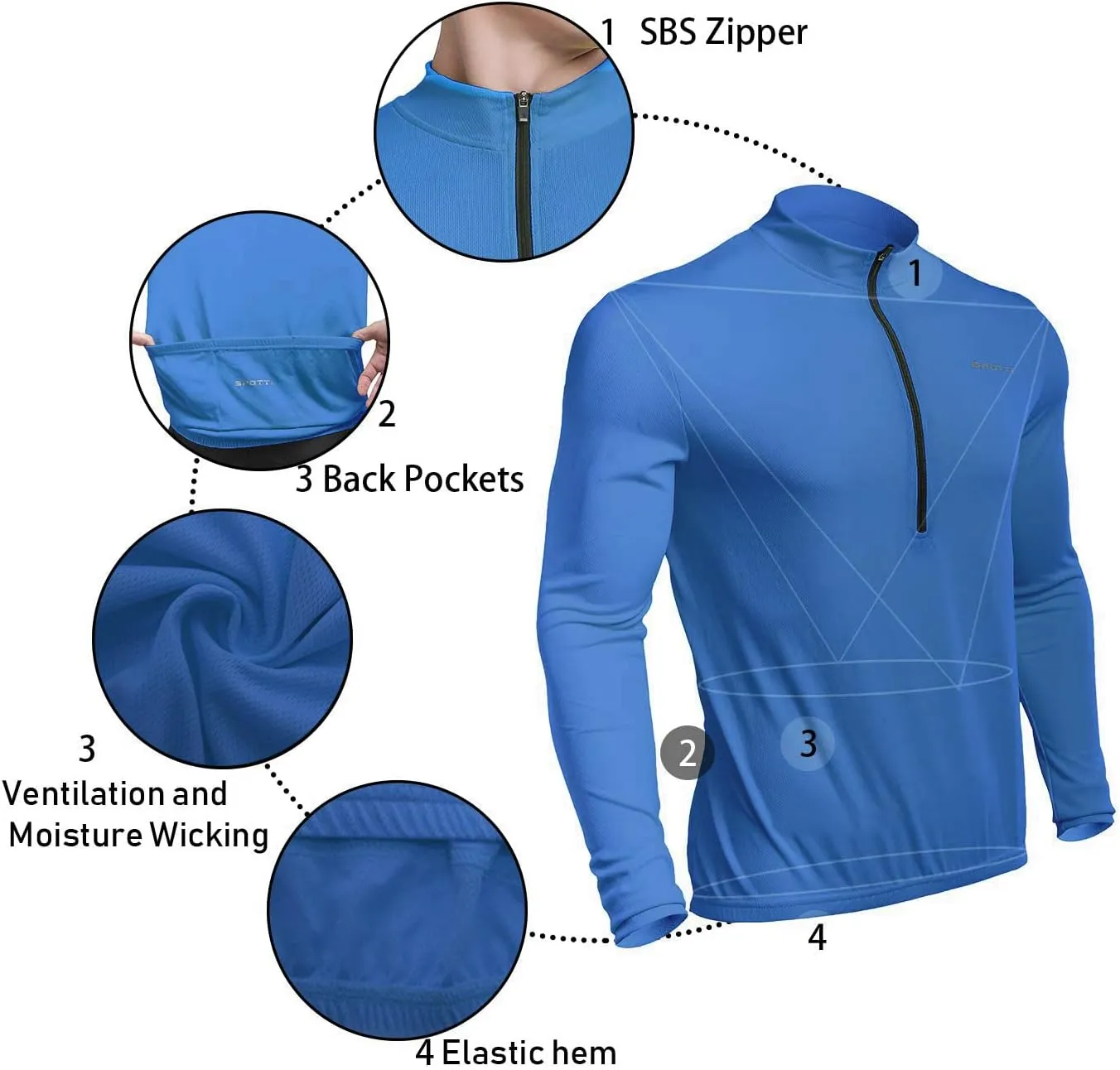 Spotti Men's Cycling Bike Jersey Long Sleeve with 3 Rear Pockets - Moisture Wicking, Breathable, Quick Dry Biking Shirt