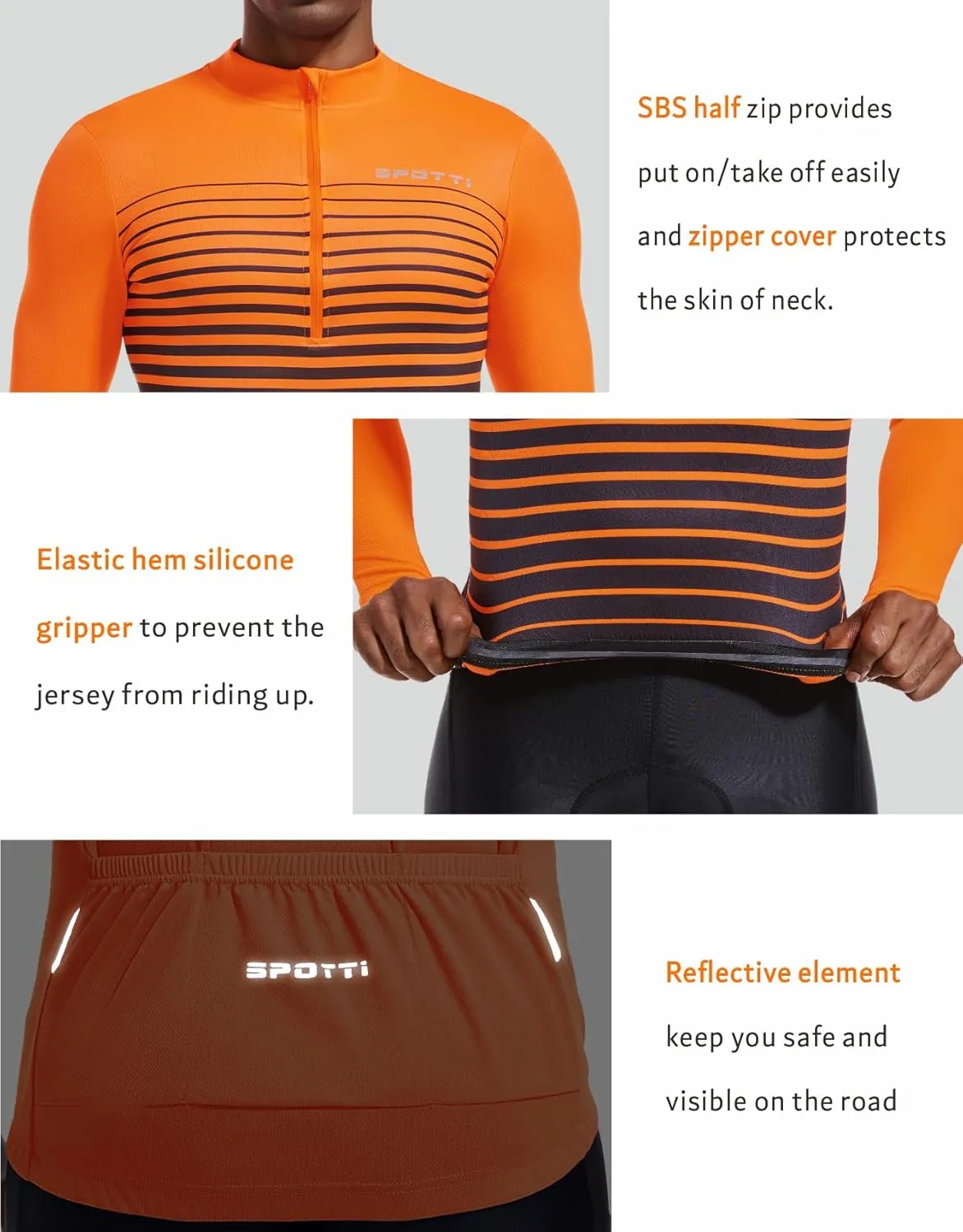 Spotti Men's Cycling Bike Jersey Long Sleeve with 3 Rear Pockets - Moisture Wicking, Breathable, Quick Dry Biking Shirt