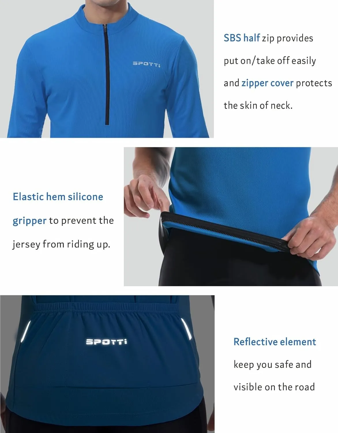 Spotti Men's Cycling Bike Jersey Long Sleeve with 3 Rear Pockets - Moisture Wicking, Breathable, Quick Dry Biking Shirt