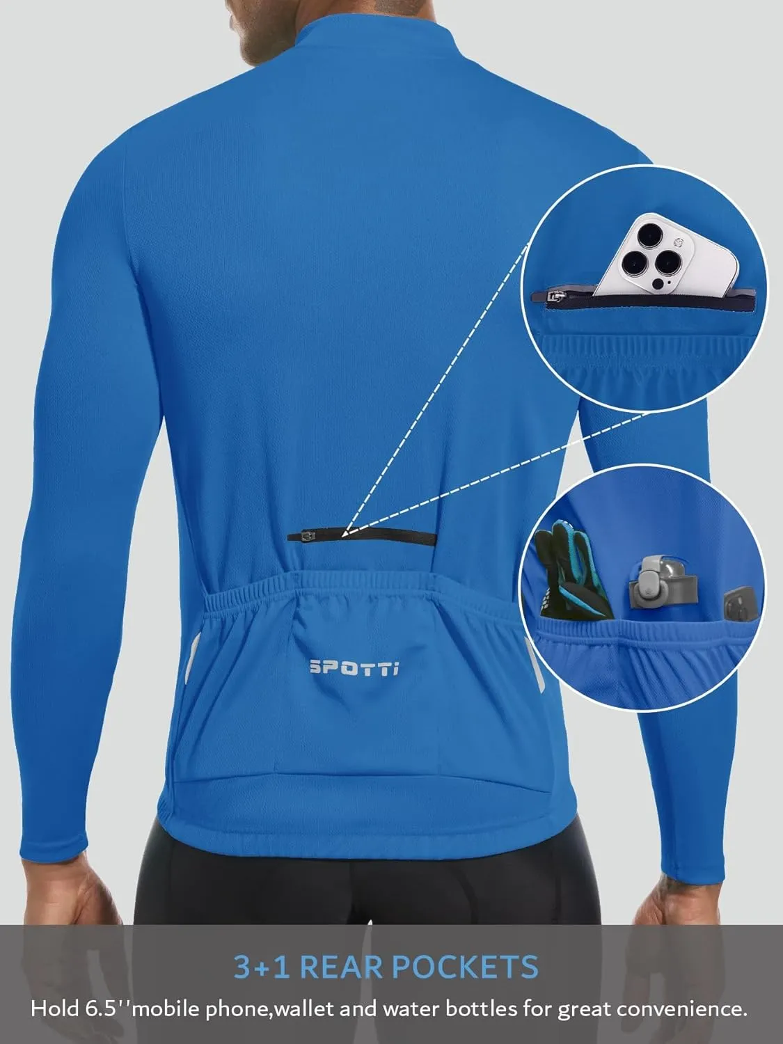 Spotti Men's Cycling Bike Jersey Long Sleeve with 3 Rear Pockets - Moisture Wicking, Breathable, Quick Dry Biking Shirt