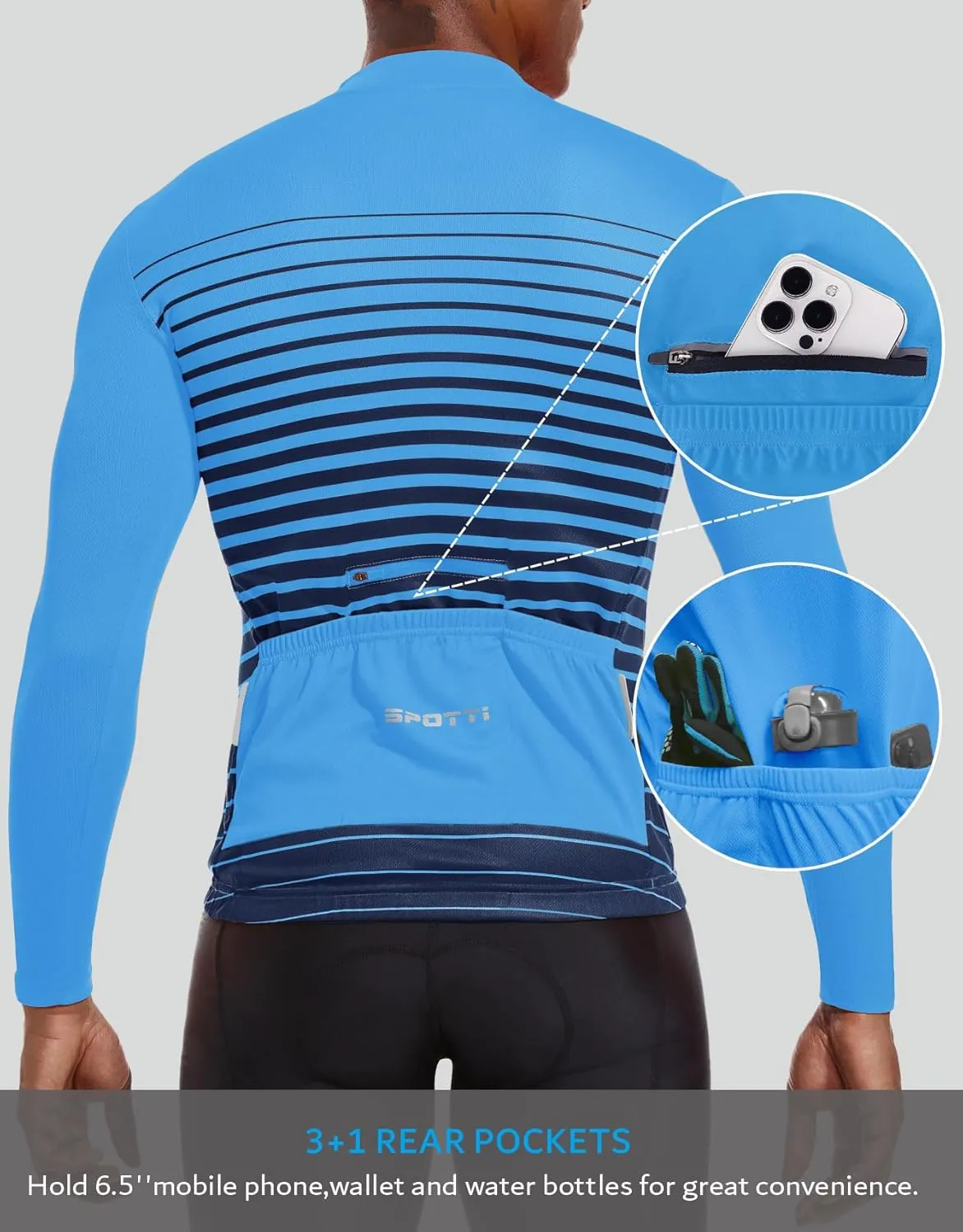 Spotti Men's Cycling Bike Jersey Long Sleeve with 3 Rear Pockets - Moisture Wicking, Breathable, Quick Dry Biking Shirt