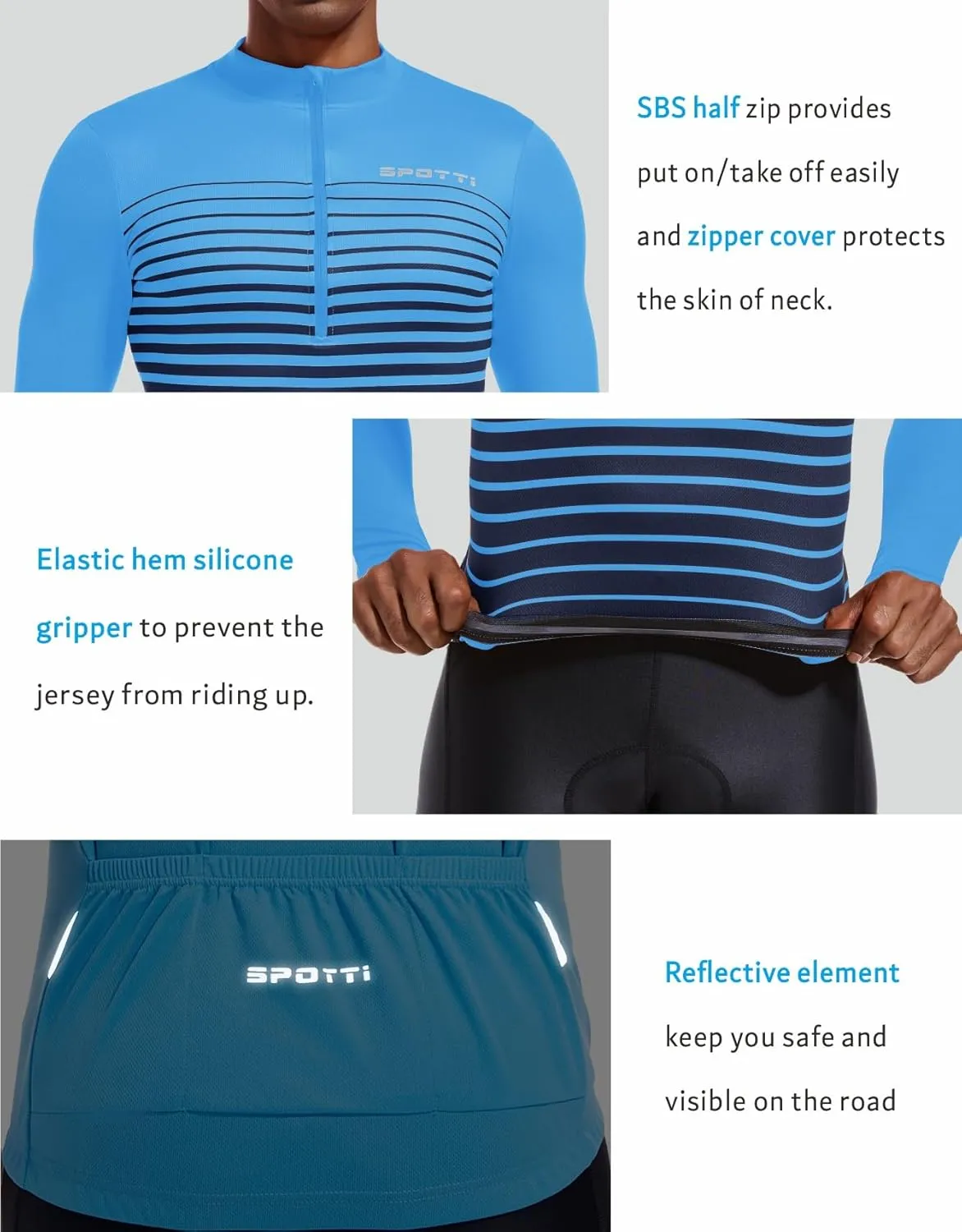 Spotti Men's Cycling Bike Jersey Long Sleeve with 3 Rear Pockets - Moisture Wicking, Breathable, Quick Dry Biking Shirt