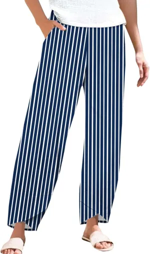 Striped Linen Pants Women 2025 Plus Size Wide Leg Cropped Pants Summer High Waist Lightweight Trousers with Pockets