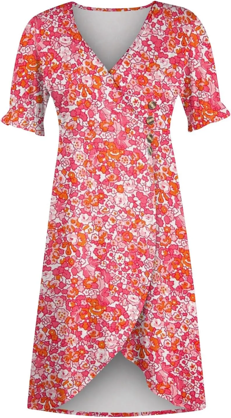 Summer Dresses 2025 Long Sundresses Vacation Ruffled Pleated V Neck Wrap Dress for Women Casual Short Sleeve