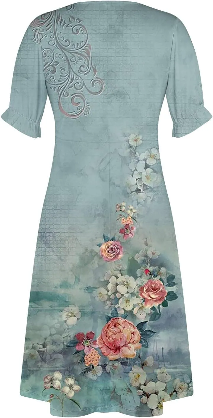 Summer Dresses 2025 Long Sundresses Vacation Ruffled Pleated V Neck Wrap Dress for Women Casual Short Sleeve