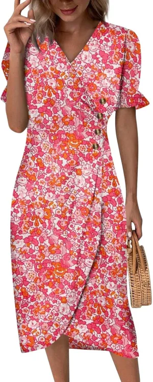 Summer Dresses 2025 Long Sundresses Vacation Ruffled Pleated V Neck Wrap Dress for Women Casual Short Sleeve