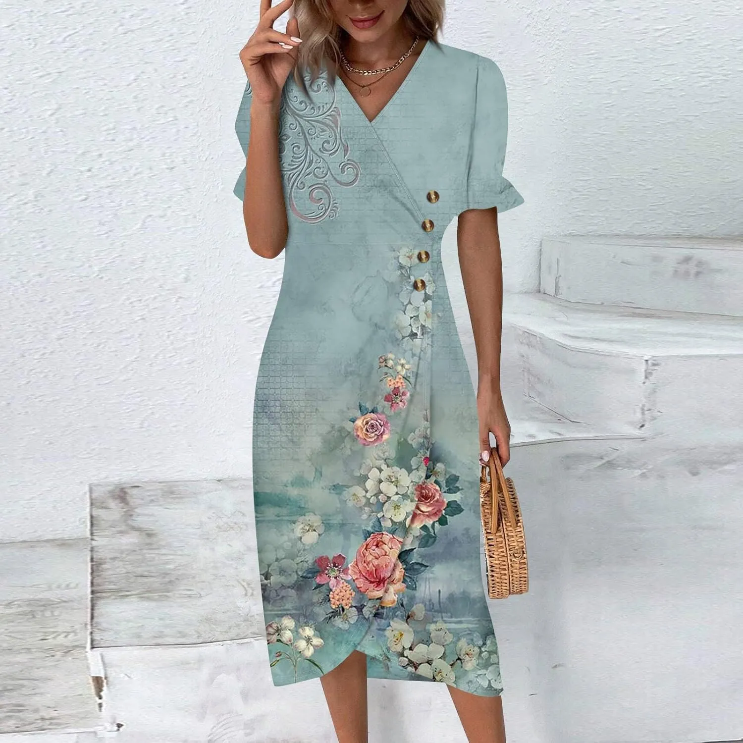 Summer Dresses 2025 Long Sundresses Vacation Ruffled Pleated V Neck Wrap Dress for Women Casual Short Sleeve