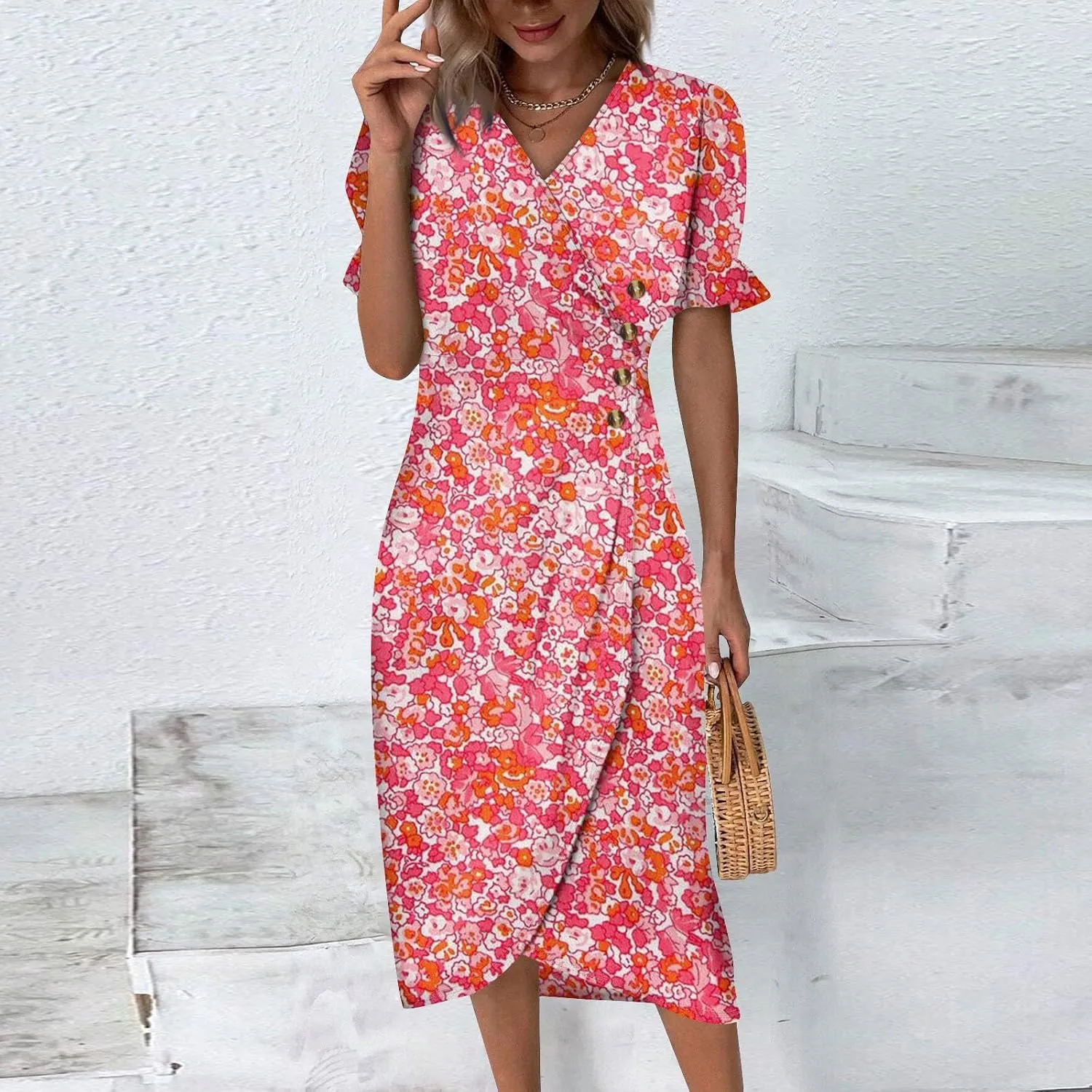Summer Dresses 2025 Long Sundresses Vacation Ruffled Pleated V Neck Wrap Dress for Women Casual Short Sleeve